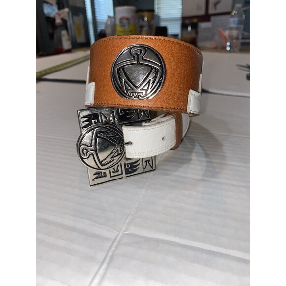 Ginnie Johansen Vintage Womans Leather Belt 24S Aztec Style Art Brown White EUC - Picture 1 of 8